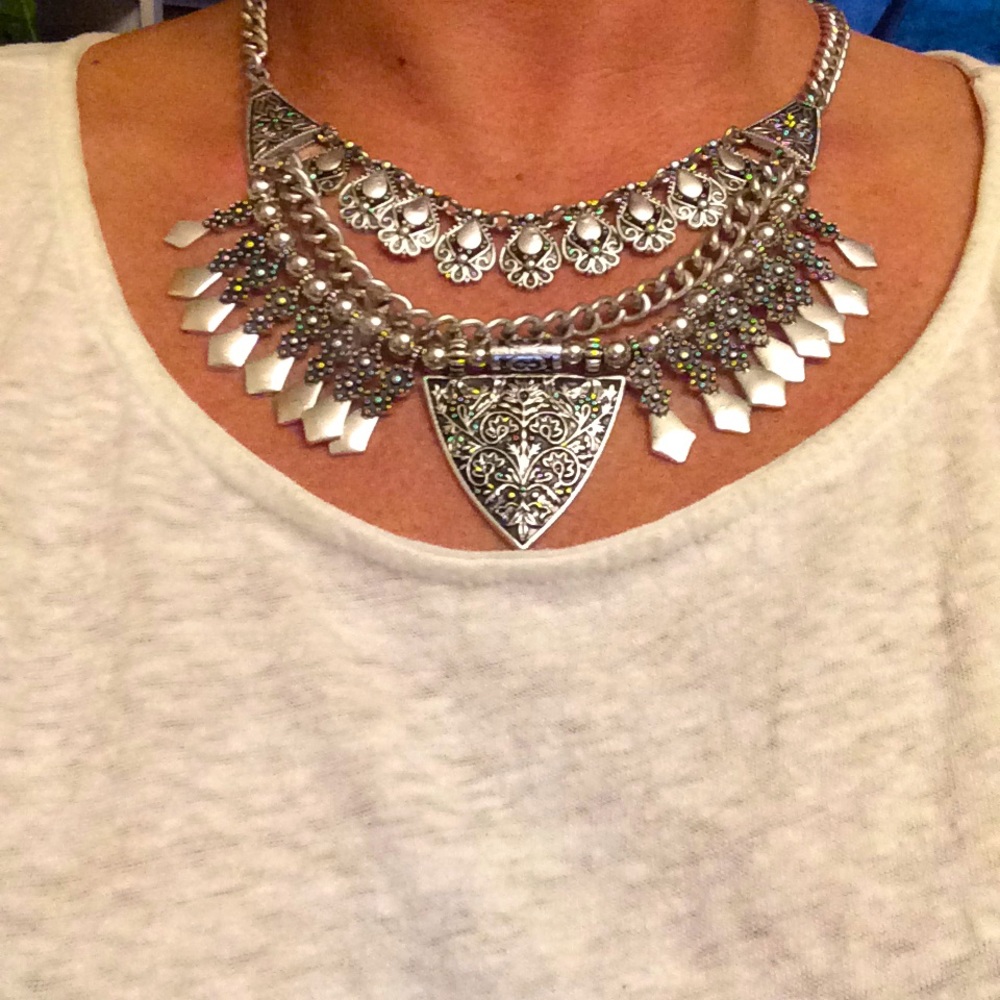 Silver Tribal BOHO Layer Statement Necklace Multi Strand Chain